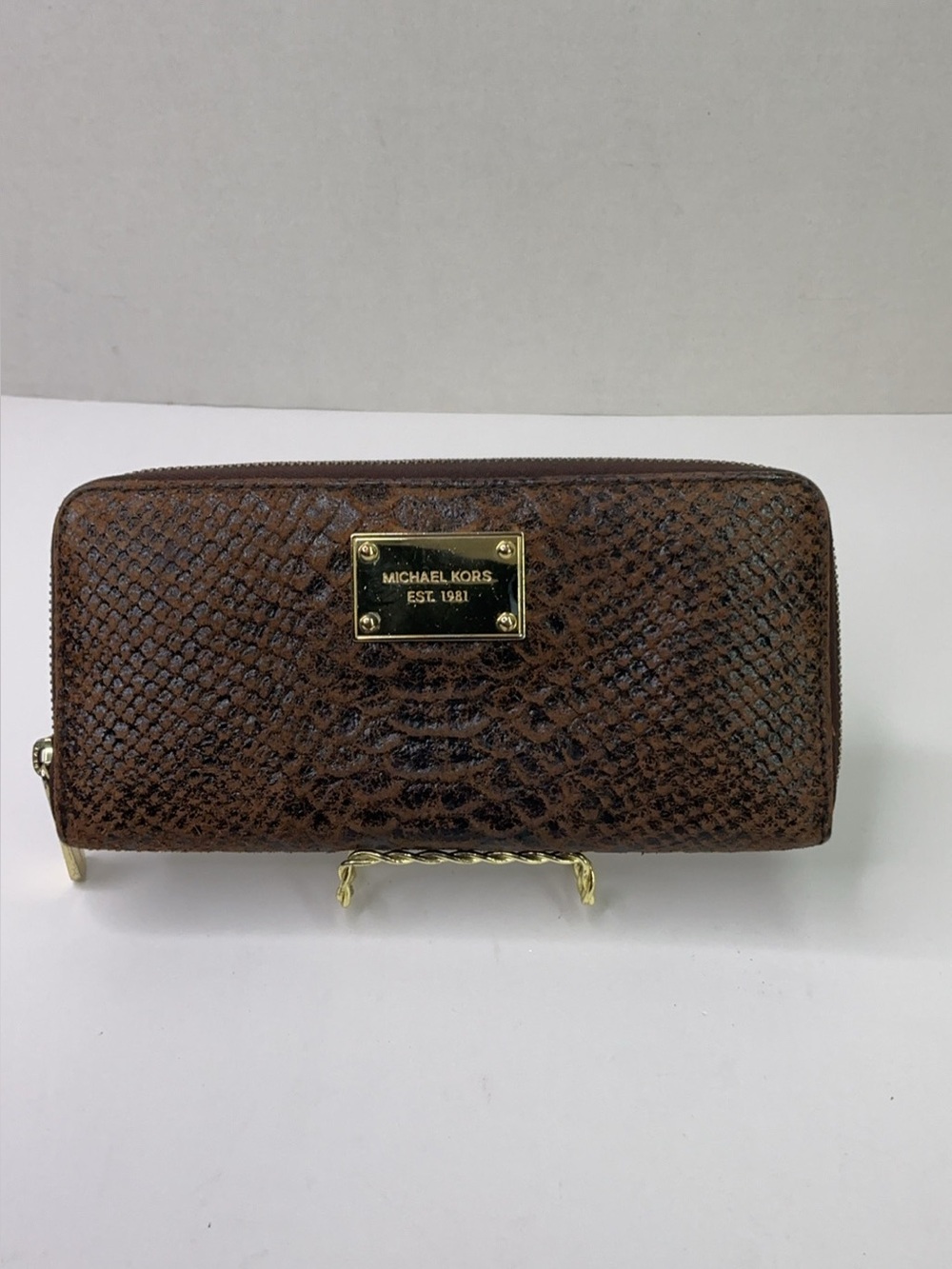 Michael Kors reptile-embossed brown leather zip-around continental wallet